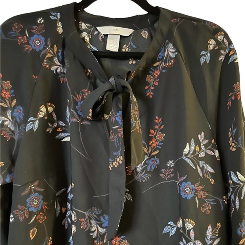H&M Black / Floral Long Sleeve High Neck Demure Ruffle Midi Dress